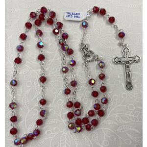 Rosary, 5mm Tin Cut Aurora Borealis (AB) Crystals, RED, Boxed, Made In Italy