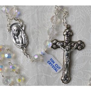 Crystal Rosary 7mm Tin Cut Aurora Borealis (AB) Crystals, Boxed, Made In Italy