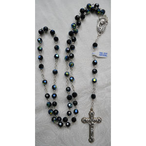 Crystal Rosary 7mm Tin Cut Aurora Borealis (AB) Crystals, BLACK, Boxed, Made In Italy