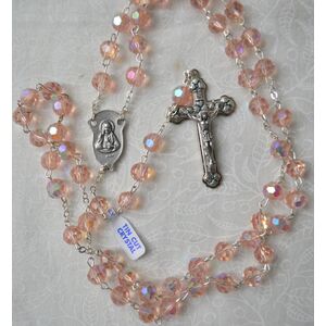 Rosary, 7mm Tin Cut Aurora Borealis (AB) Crystals, PINK, Boxed, Made In Italy
