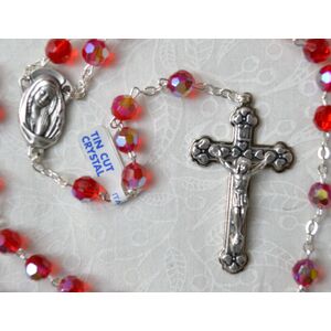 Rosary, 7mm Tin Cut Aurora Borealis (AB) Crystals, RED, Boxed, Made In Italy