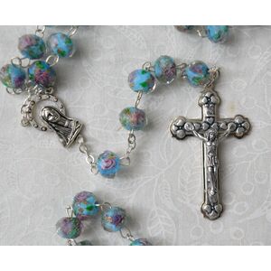 Rosary, 6mm Glass Facet Beads BLUE, Boxed, Made In Italy