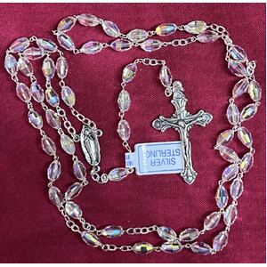 Rosary Sterling Silver Crucifix, Swarovski 5mm Oval Crystal Beads, Made In Italy