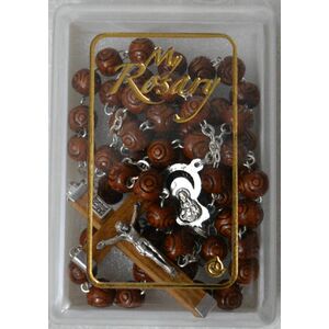 ROSARY 8mm BROWN Wood Beads, Metal Backed Wood Crucifix 50cm Long