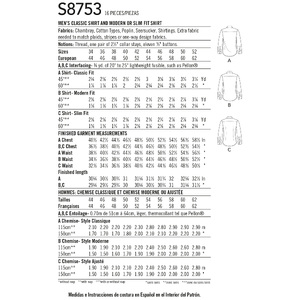 Simplicity Sewing Pattern 8753 Men's Classic, Modern and Slim Fit Shirt BB Sizes 44-52