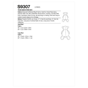 S9307 PLUSH BEARS IN TWO SIZES Simplicity Sewing Pattern 9307
