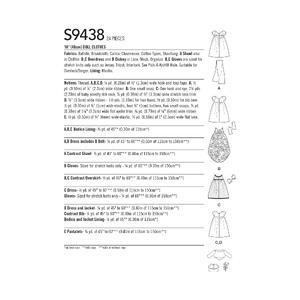 S9438 18" DOLL CLOTHES Simplicity Sewing Pattern 9438