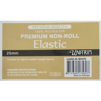 Uni-Trim Premium Non-Roll Elastic, 100% Polyester, 25mm White, Full 20 Metre Roll