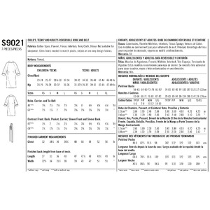Children's, Teens' & Adults' Robe Sizes XS-L / XS-XL Simplicity Pattern 9021