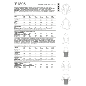 Vogue Sewing Pattern Misses' Cardigan & Tunics 1808ZZ (Sizes L-XL-XXL)