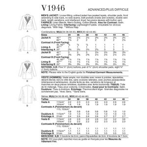 Vogue Sewing Pattern V1946MUU Mens Jacket Sizes 40-46