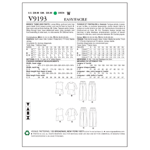 Vogue Sewing Pattern - Misses' Sleeveless or Dolman Sleeve Tunics, and Pants with Yoke 9193F5