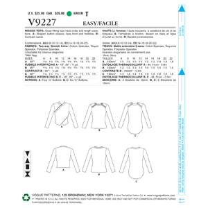 Vogue Sewing Pattern Misses' Button-Detail Tops 9227 A5 (Sizes 6-14)