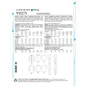 Vogue Sewing Pattern Misses' Lined Zip Jacket, Knit Tunic, Leggings, and Pants 9275ZZ (Sizes L-XL-XXL)