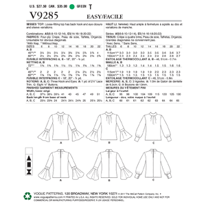 Vogue Sewing Pattern Misses' Top with Sleeve and CuFF (Sizes 16-22) Variations 9285 A5 (Sizes 6-14)