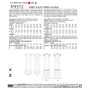 Vogue Sewing Pattern Misses'/Misses' Petite Special Occasion Dress 9372 A5 (Sizes 6-14)