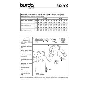 Burda Style Pattern 6248 Misses' Coat - Jacket - Collarless Burda Sewing Pattern 6248