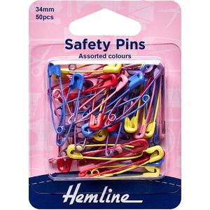 Hemline Safety Pins, 34mm 50pcs, Assorted Colours