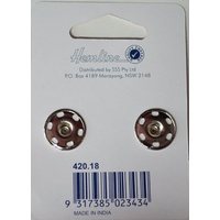 Metal Snap Fasteners, NICKLE, 18mm Dia., 2 Sets Sew-In, By Hemline