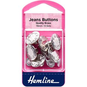 Hemline Jeans Buttons, Quality Brass, Silver Colour, 6 Sets Approx 16mm Diameter