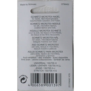 Schmetz Machine Needles, MICROTEX Size 80/12, Pack 5 Needles, 130/705H-J System