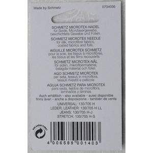 Schmetz Machine Needles, MICROTEX Size 90/14, Pack 5 Needles, 130/705H-J System