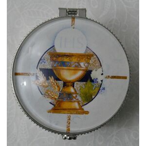 Communion Porcelain Rosary Box, 60mm Diameter, 40mm High, Hinged Lid