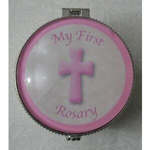 My First Rosary Porcelain Box, Pink, 60mm Diameter, 40mm High, Hinged Lid