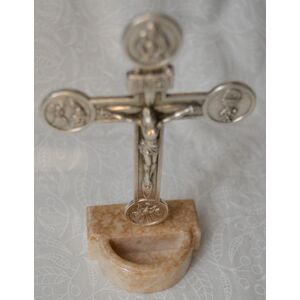Standing Metal Crucifix on Resin Water Font, 110mm x 67mm