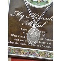 Miraculous Pewter Medal, 12mm x 20mm Oval, Stainless Steel Chain & Biography