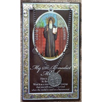 Pewter Saint BENEDICT Medal Pendant, 15 x 24mm Oval Pendant, Stainless Steel Chain & Biography