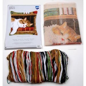 Vervaco CAT SLEEPING ON BOOKSHELF Cross Stitch Cushion Kit 40cm x 40cm PN-0146409