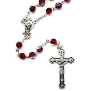 Rosary, 5mm Tin Cut Aurora Borealis (AB) Crystals, RED, Boxed, Made In Italy