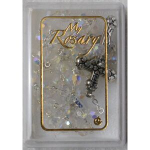 Crystal Rosary 7mm Tin Cut Aurora Borealis (AB) Crystals, Boxed, Made In Italy
