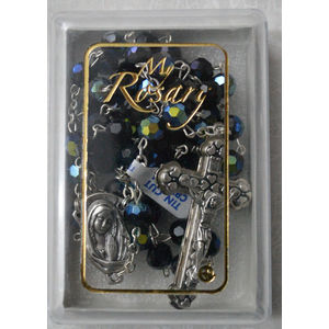 Crystal Rosary 7mm Tin Cut Aurora Borealis (AB) Crystals, BLACK, Boxed, Made In Italy