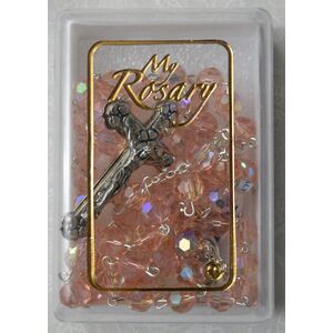 Rosary, 7mm Tin Cut Aurora Borealis (AB) Crystals, PINK, Boxed, Made In Italy