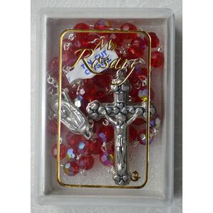 Rosary, 7mm Tin Cut Aurora Borealis (AB) Crystals, RED, Boxed, Made In Italy
