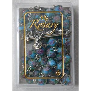 Rosary, 6mm Glass Facet Beads BLUE, Boxed, Made In Italy
