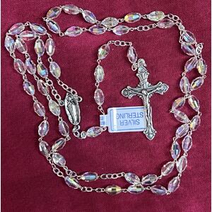 Rosary Sterling Silver Crucifix, Swarovski 5mm Oval Crystal Beads, Made In Italy