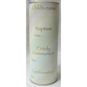 Baptism Pillar Candle In a Decorative Tin, 65 x 175mm, Candle 60mm Dia x 140mm