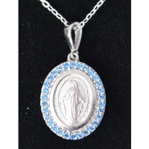 Sterling Silver MIRACULOUS Medal Pendant With Stones and Chain, Gift Boxed