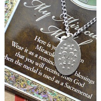 Miraculous Pewter Medal, 12mm x 20mm Oval, Stainless Steel Chain & Biography