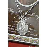 Pewter Saint Anthony Medal, 15 x 24mm Oval, Stainless Steel Chain & Biography