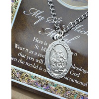 Pewter Saint Michael Medal Pendant, 15 x 24mm Oval, Stainless Steel Chain & Biography
