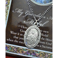 Guardian Angel Pewter Medal, 17 x 24mm Oval Pendant, Stainless Steel Chain & Biography