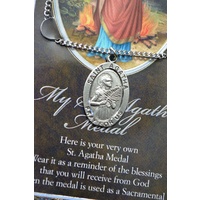 Pewter Saint Agatha Medal Pendant, 15 x 24mm Oval Stainless Steel Chain, Biography
