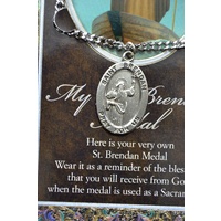 Pewter Saint Brendan Medal Pendant, 15 x 24mm Oval, Stainless Steel Chain & Biography
