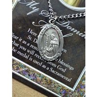 Pewter Saint Dominic Medal Pendant, 15 x 24mm Pendant, SS Chain & Biography