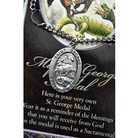 Pewter Saint George Medal Pendant, 15 x 24mm Oval, Stainless Steel Chain & Biography