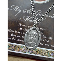 Pewter Saint Genesius Medal Pendant, 15 x 24mm Oval, Stainless Steel Chain & Biography